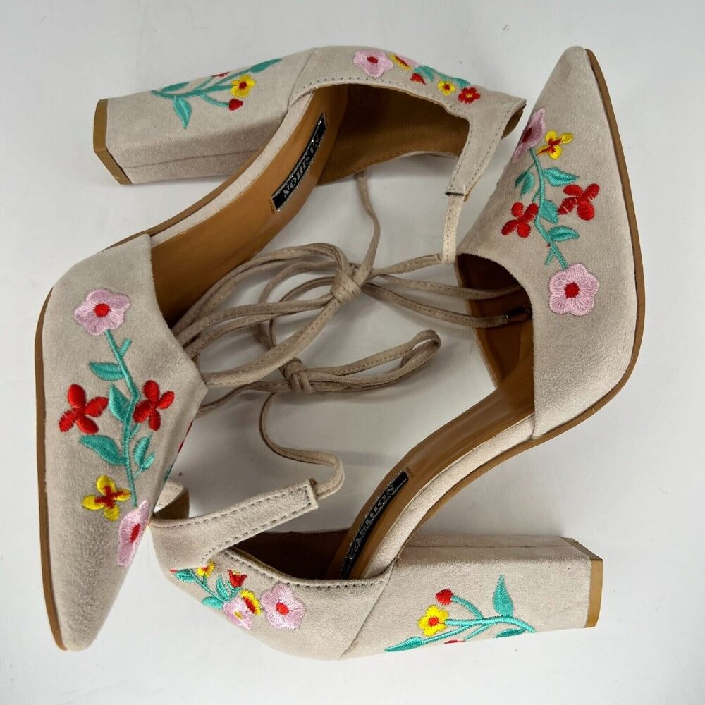 Fashion Womens Cream Suede Floral Block Pointed Toe Slip On Size 42 Pump Heels - Picture 6 of 9